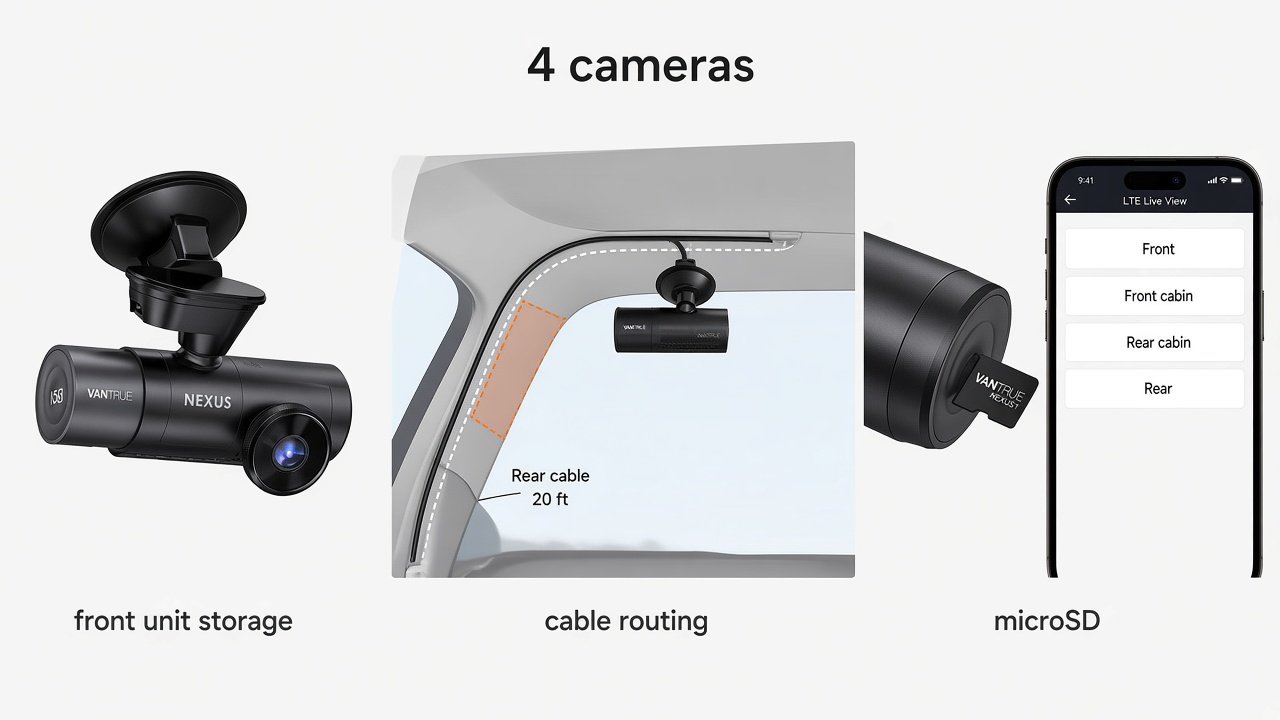 Vantrue N5S installation path from four cameras to rear cable, microSD slot, and app