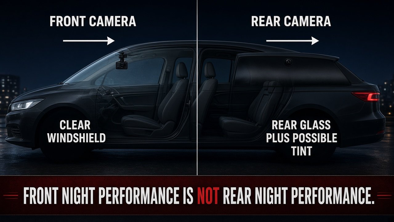 Front dash cam through clear windshield versus rear camera through tinted glass