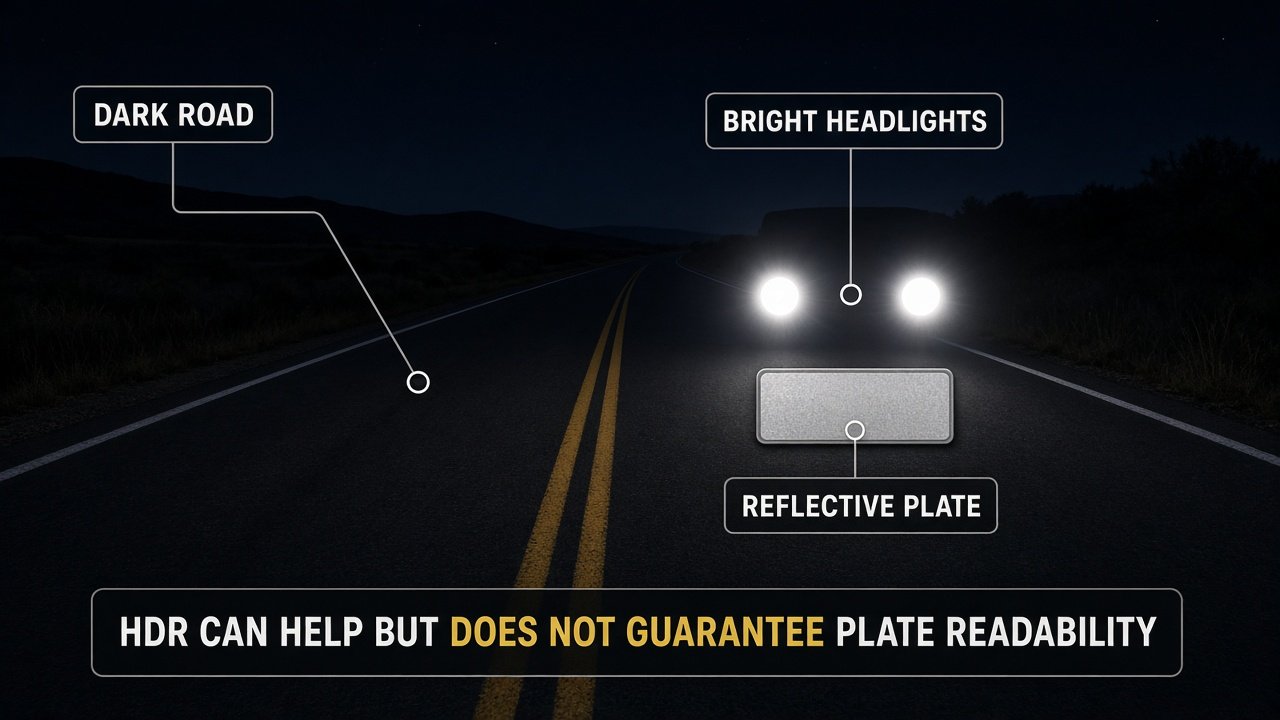 Dark road bright headlights and reflective plate high-contrast night scene
