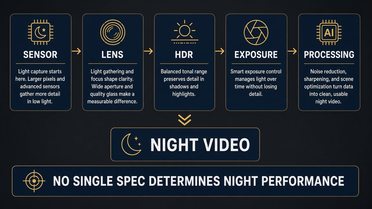 Sensor lens HDR exposure and processing combine into night video