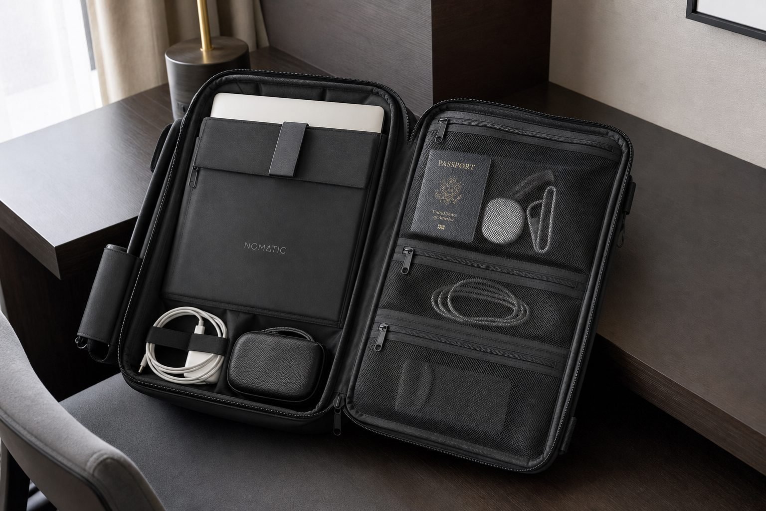 NOMATIC 20L Travel Pack opened with laptop, charger, cables, and travel documents