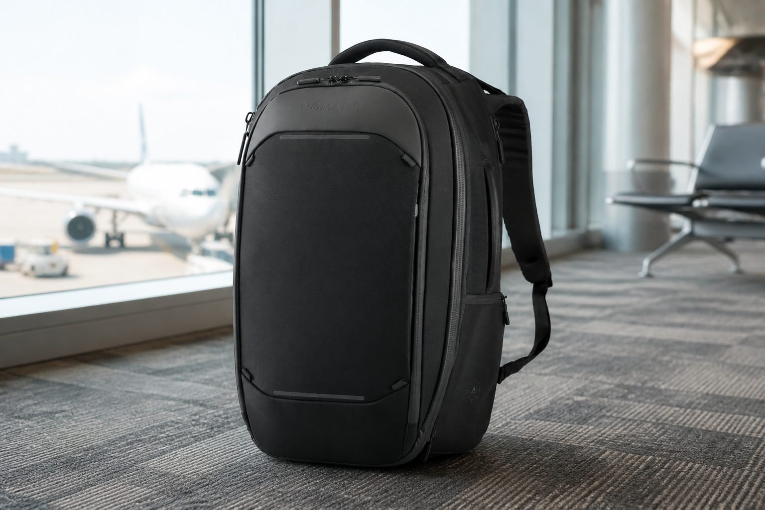 NOMATIC Navigator Travel Backpack 32L in Black standing in a premium airport terminal