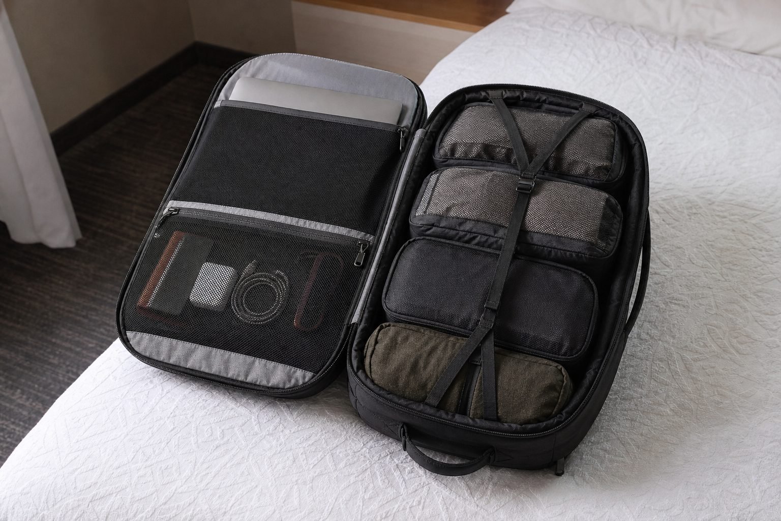 NOMATIC Navigator Travel Backpack 32L opened clamshell with clothing compression straps and front tech organization