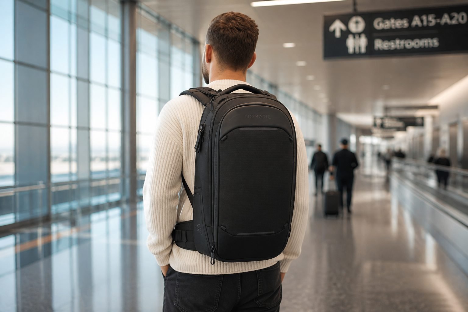 Traveler wearing the NOMATIC Navigator Travel Backpack 32L Black through an airport concourse