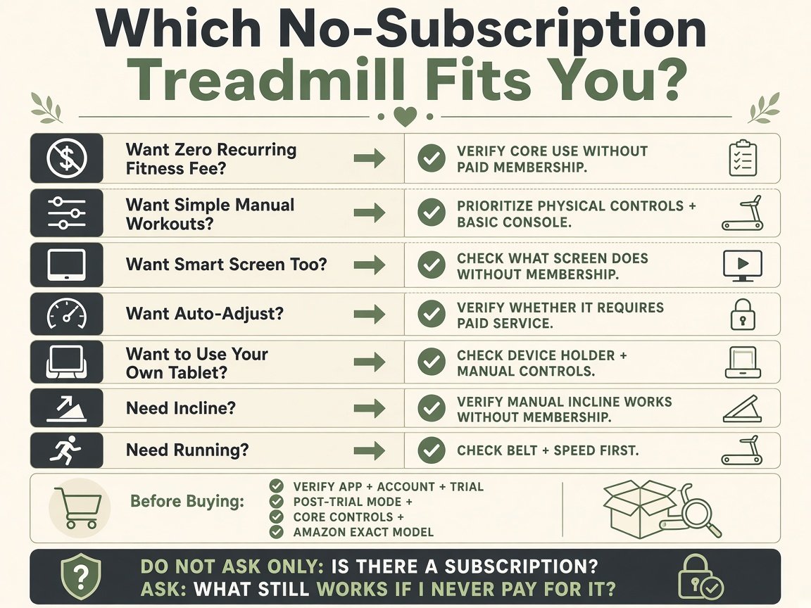 Decision infographic: which no-subscription treadmill fits you