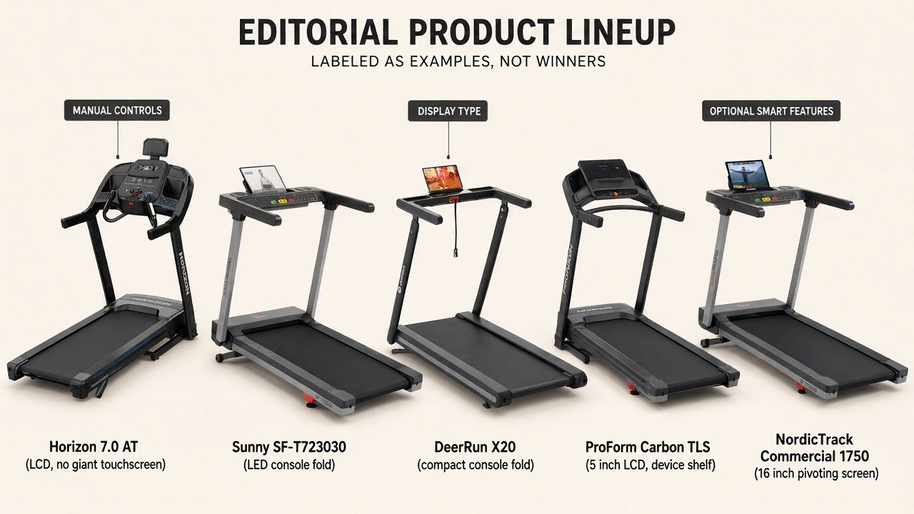 Five current no-subscription-role treadmills: Horizon 7.0 AT, Sunny SF-T723030, DeerRun X20, ProForm Carbon TLS, Commercial 1750