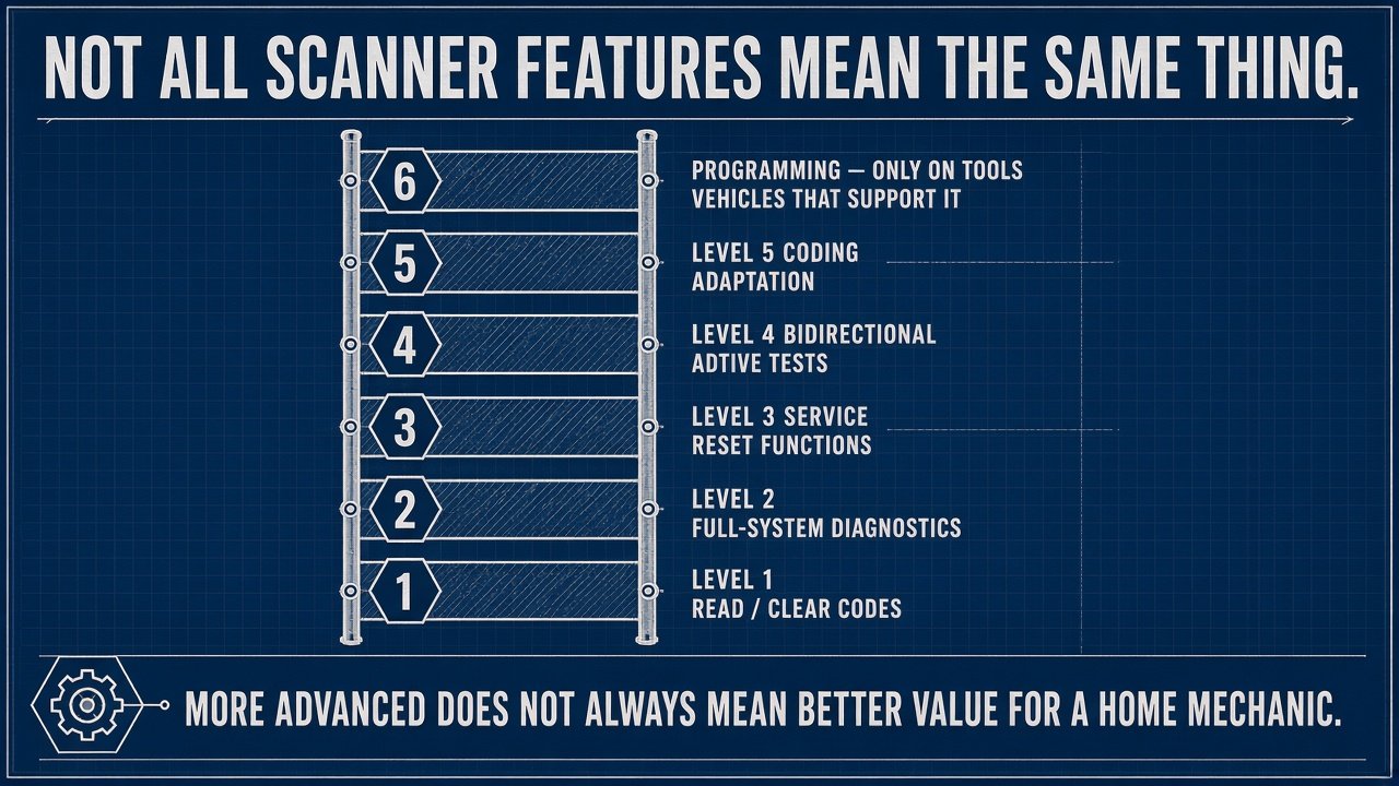 Graphic of diagnostic levels from read codes through programming