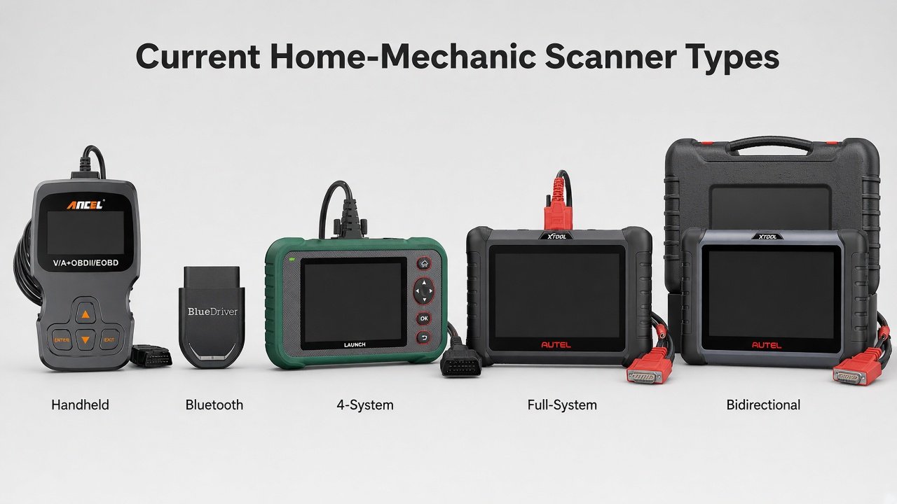 Five current home-mechanic scanners: ANCEL AD310, BlueDriver Pro Next-Gen, Launch 4-system handheld, Autel MK808S, XTOOL D7S
