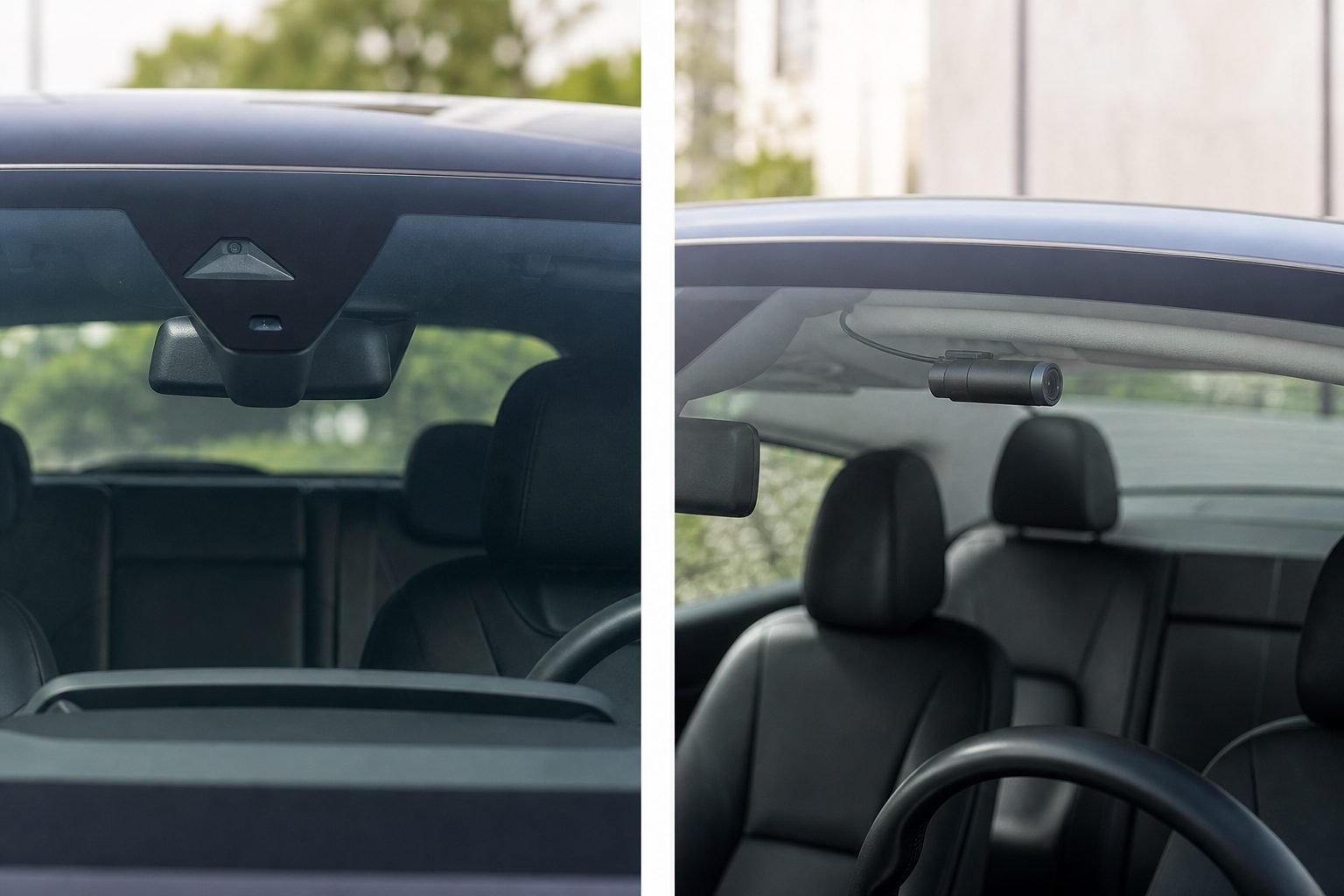 Split concept of a factory-integrated vehicle camera versus an aftermarket windshield dash cam