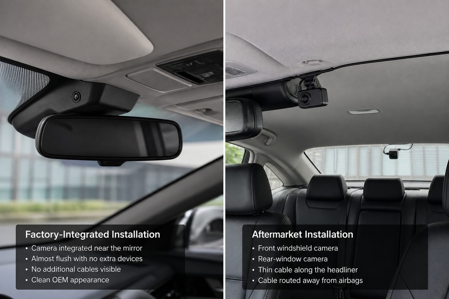Educational comparison of OEM camera integration versus aftermarket windshield and rear-camera installation