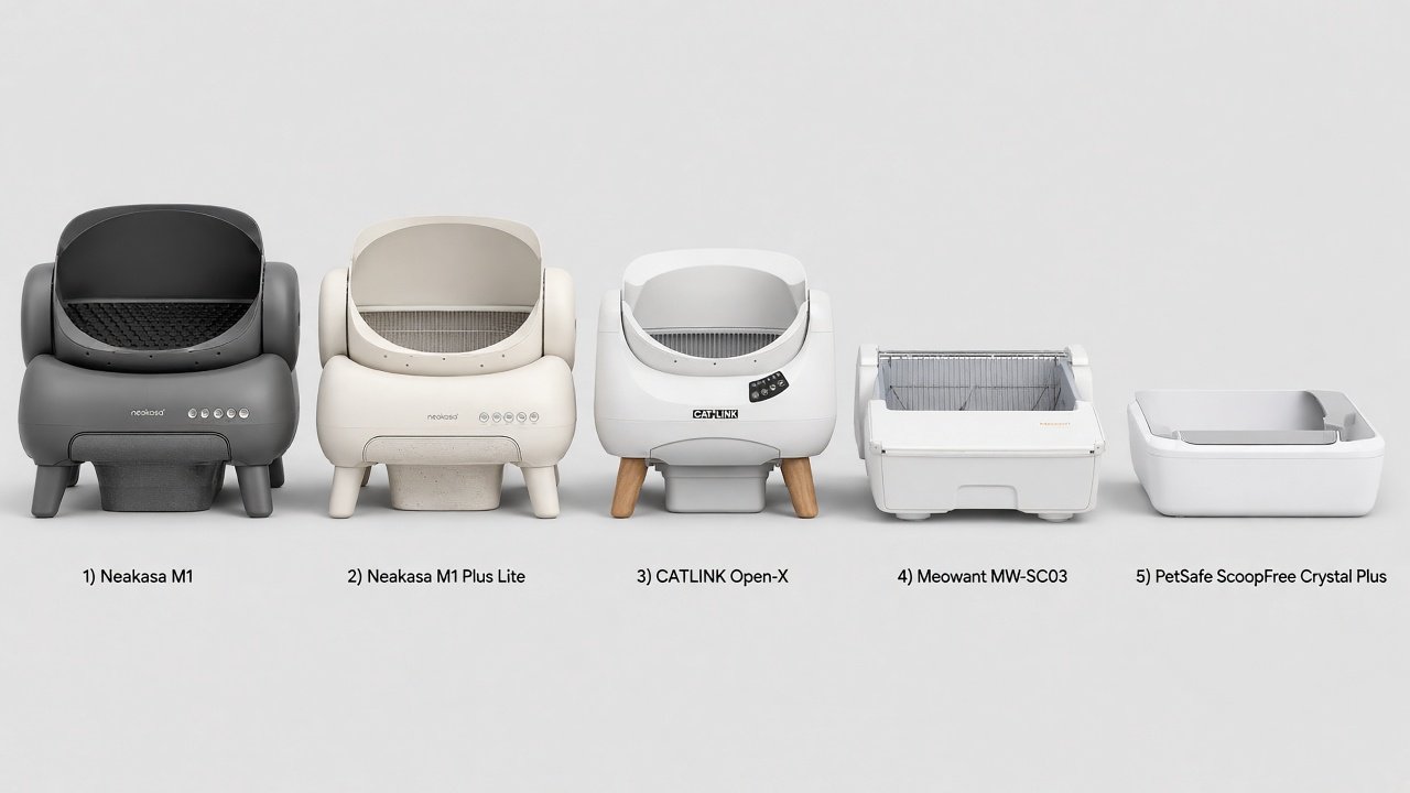 Five open-top automatic litter boxes compared from manufacturer shapes