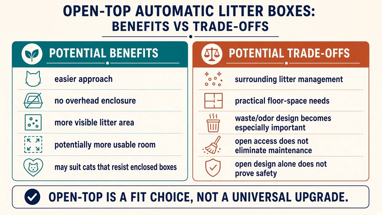 Graphic of open-top automatic litter box benefits versus trade-offs