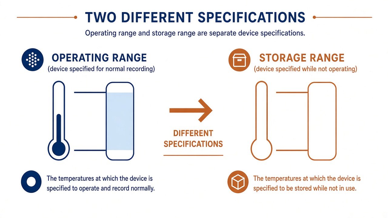 Infographic comparing dash cam operating temperature range versus storage temperature range