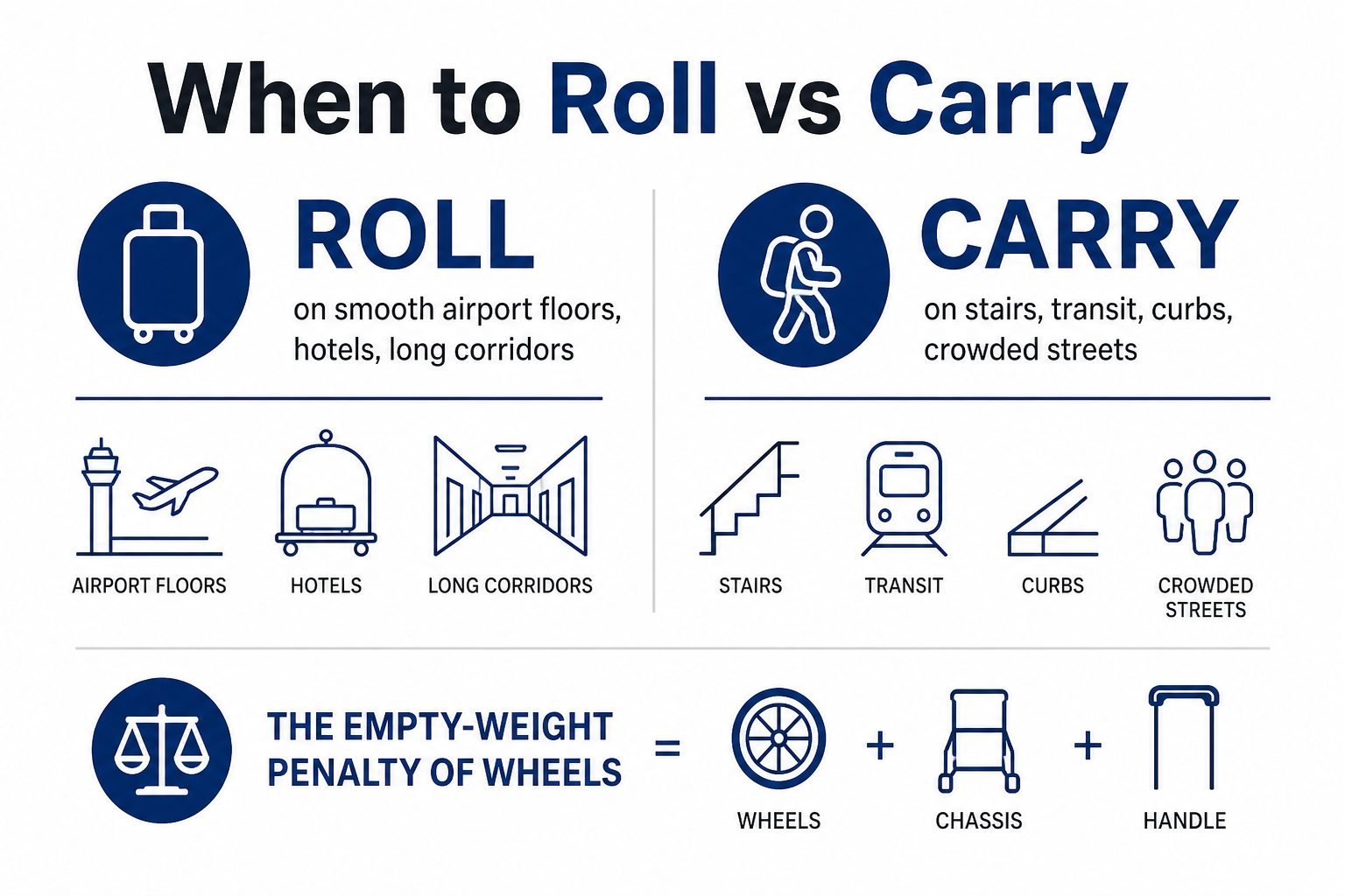 When to roll versus carry checklist for a wheeled travel backpack including empty-weight penalty