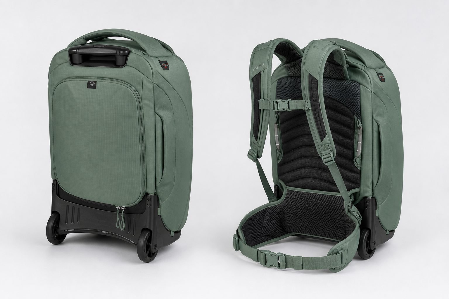 Osprey Sojourn 45L showing 90 mm wheels, HighRoad chassis, telescoping handle housing, and deployed AirScape harness