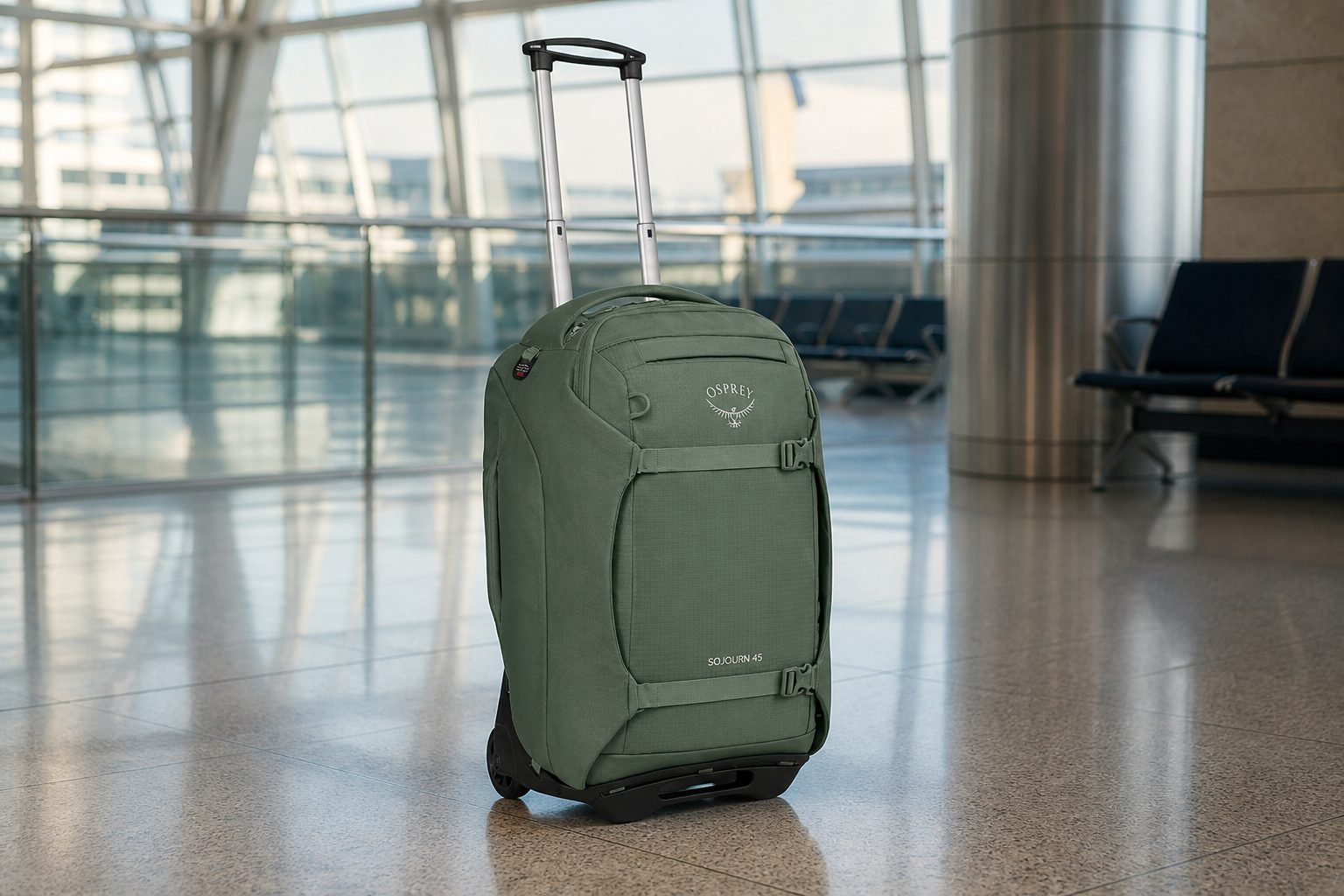 Osprey Sojourn Wheeled Travel Pack 22/45L in Koseret Green standing in an airport terminal with telescoping handle extended