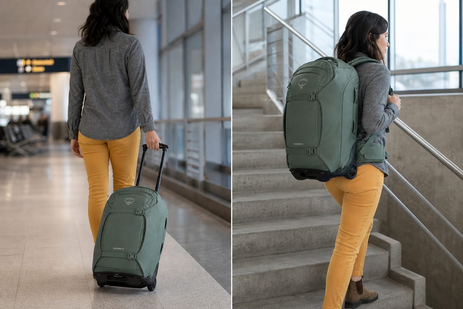 Osprey Sojourn 45L rolling through an airport corridor and being worn as a backpack on stairs