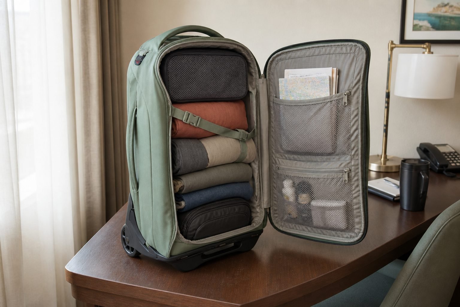 Osprey Sojourn 45L opened with clothing, packing cubes, toiletries, and documents in mesh pockets