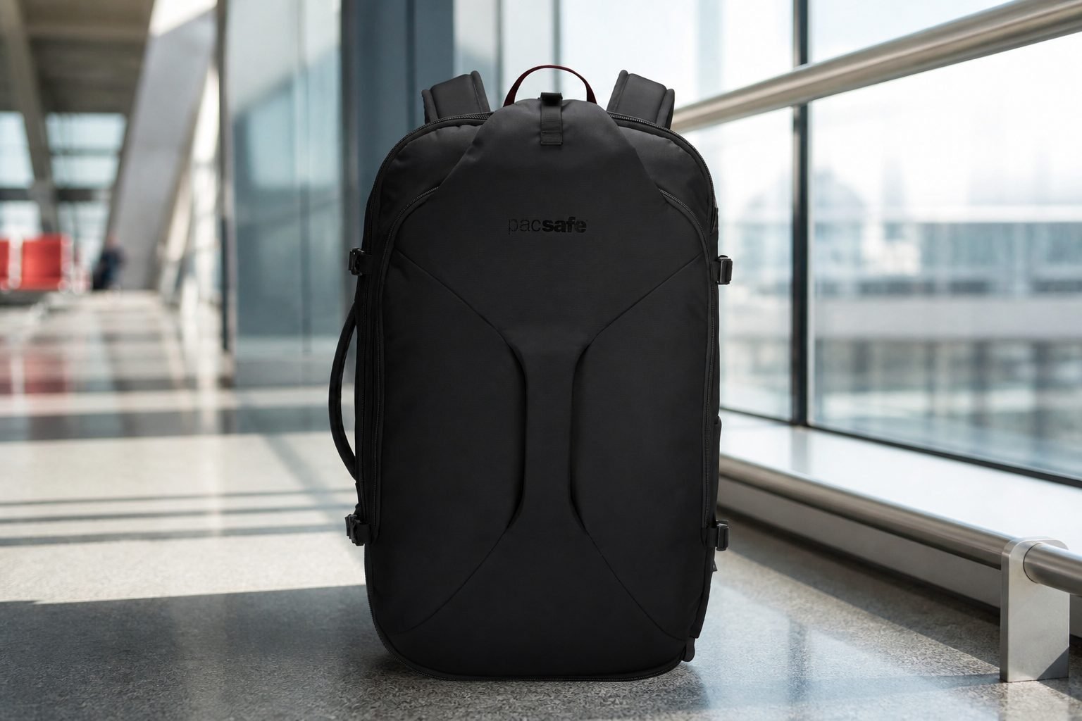 Pacsafe EXP45 anti-theft carry-on travel pack in Black standing in a premium airport terminal