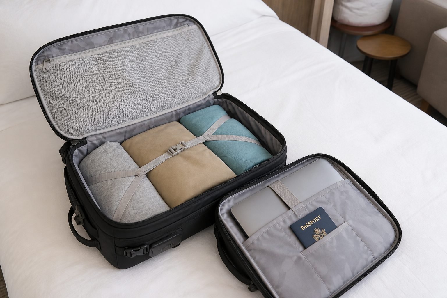Pacsafe EXP45 Black opened clamshell with internal compression straps, mesh lid pocket, laptop, and travel documents