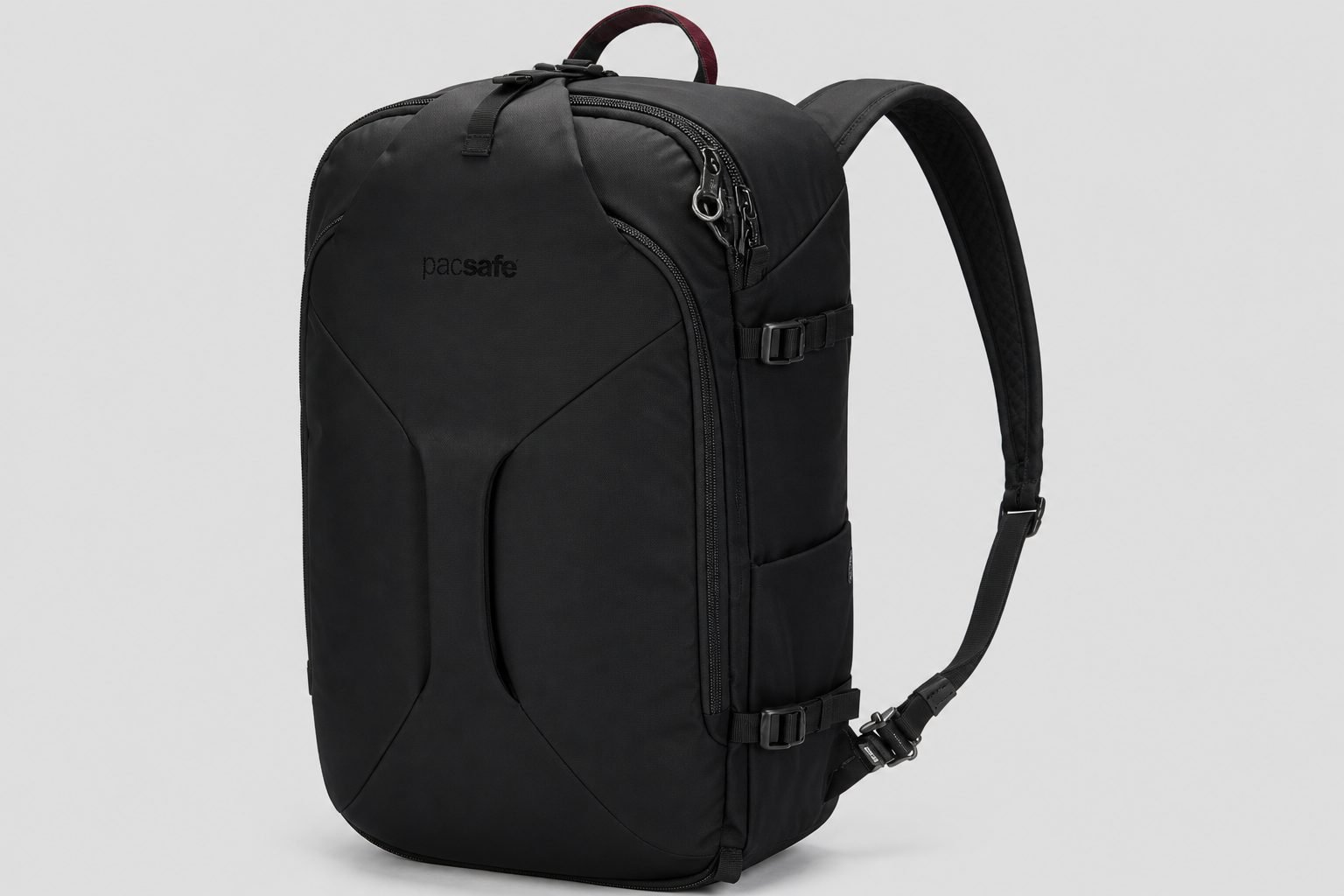 Pacsafe EXP45 Black showing interlocking zipper pulls, Roobar locking point, and PopNLock strap clip
