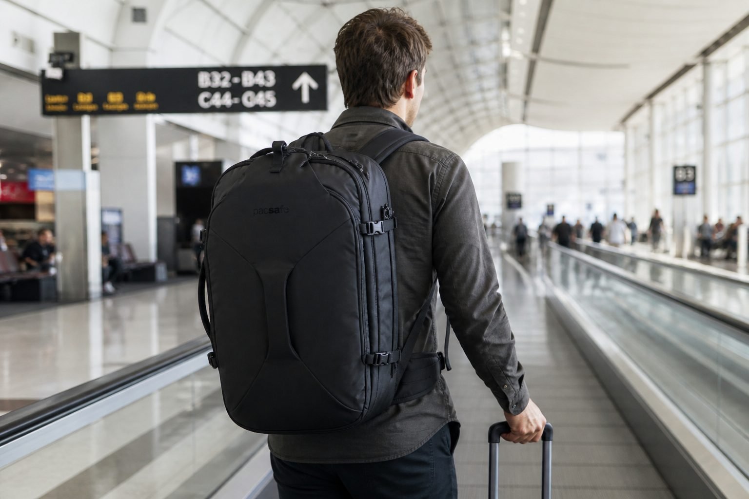 Traveler wearing the Pacsafe EXP45 Black through an airport concourse beside rolling luggage