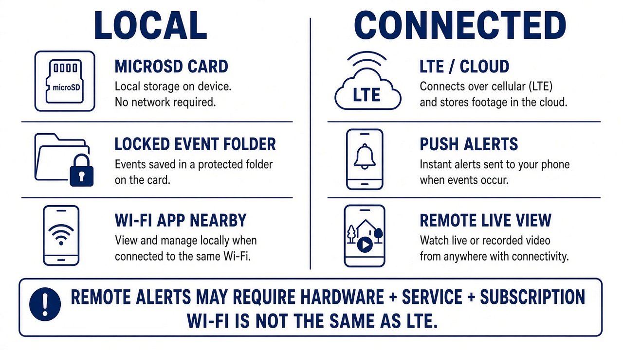 Local microSD recording versus LTE cloud alerts