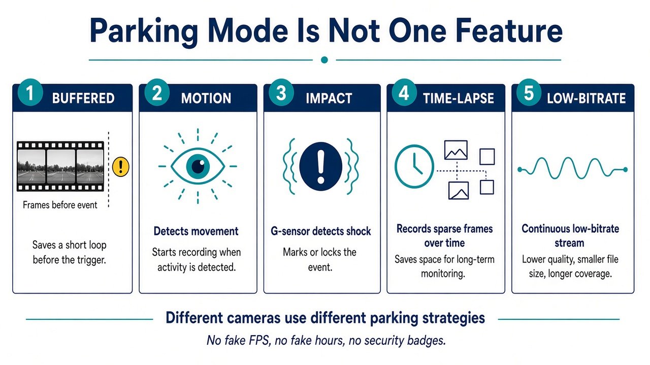 Buffered, motion, impact, time-lapse, and low-bitrate parking modes