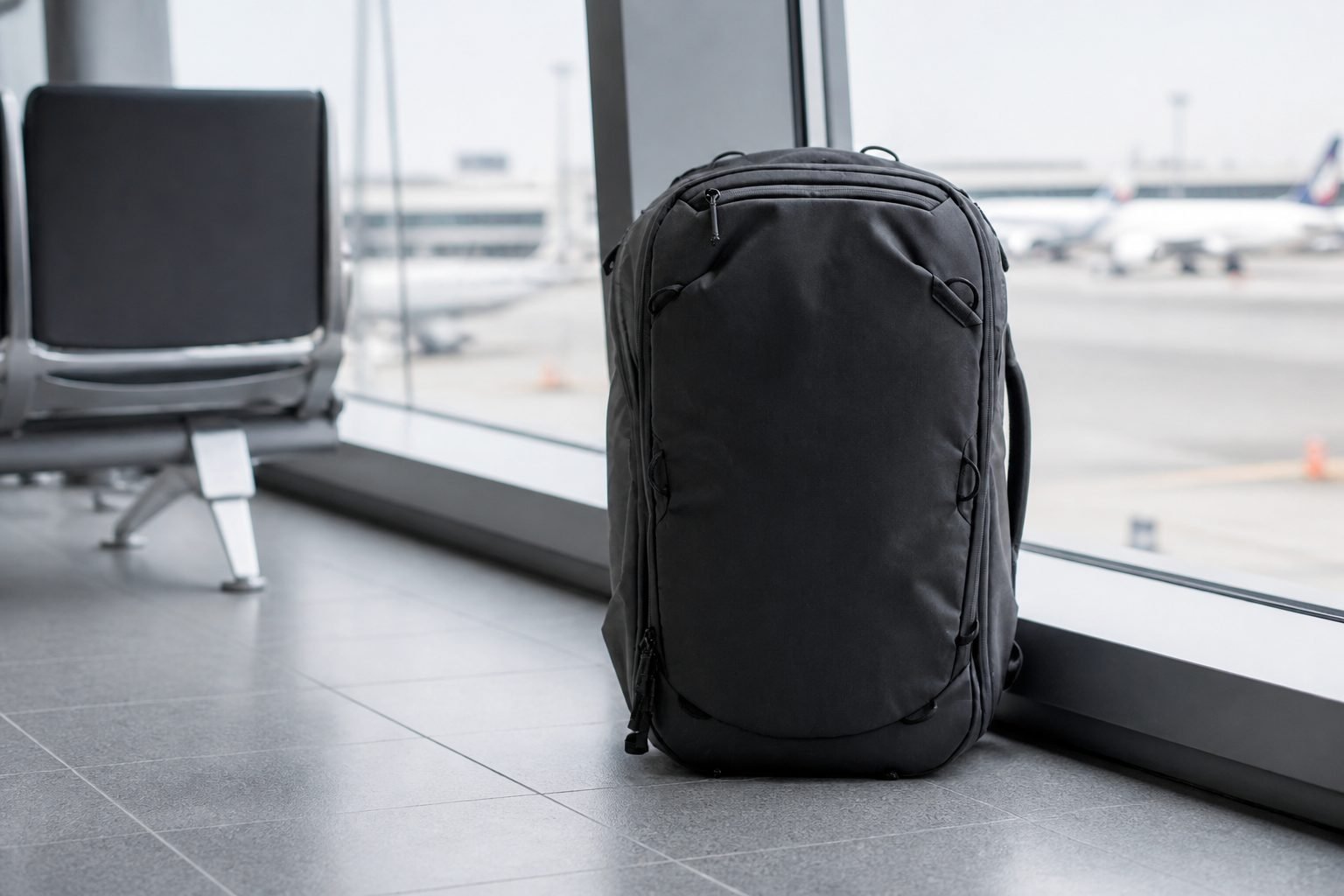 Peak Design Travel Backpack 45L in Black standing beside an airport terminal window
