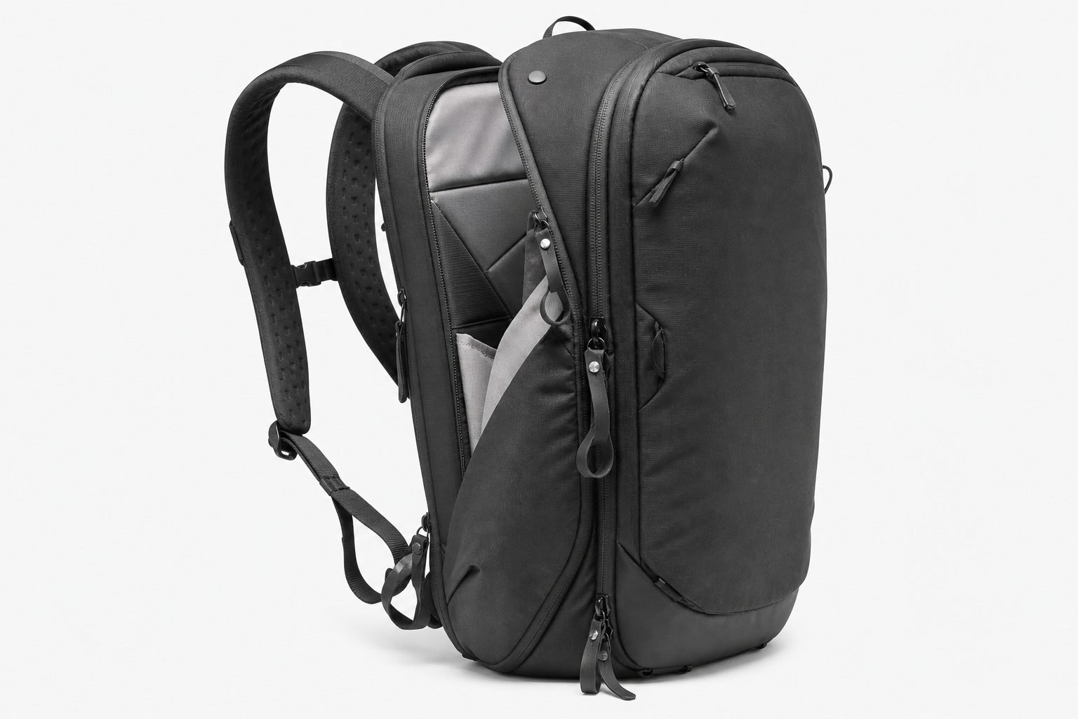 Peak Design Travel Backpack 45L Black showing zippers, padded straps, grab handles, and side pocket