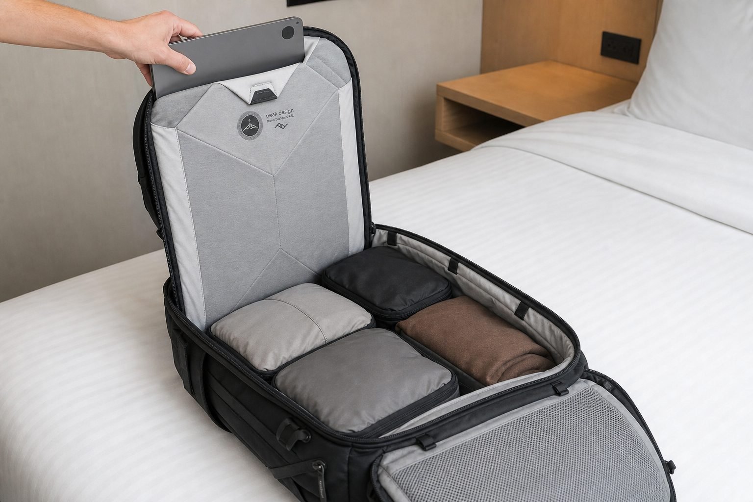 Peak Design Travel Backpack 45L opened in clamshell packing layout with cubes and laptop sleeve