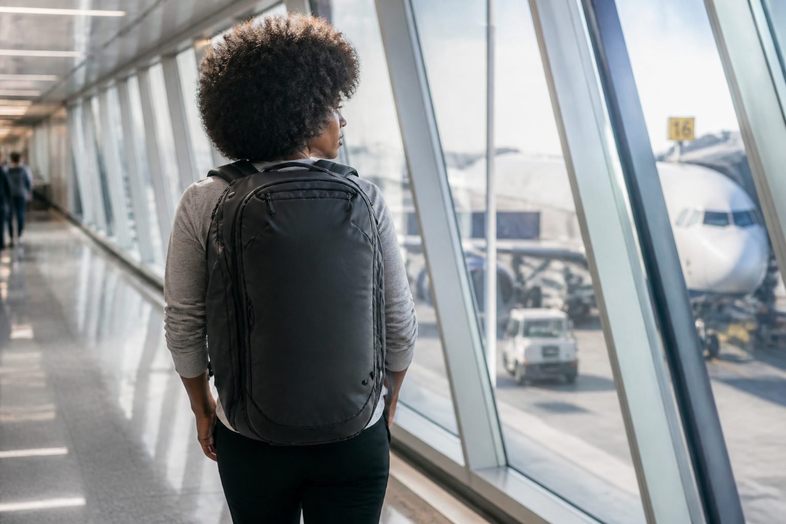 Traveler wearing the Peak Design Travel Backpack 45L Black through an airport concourse