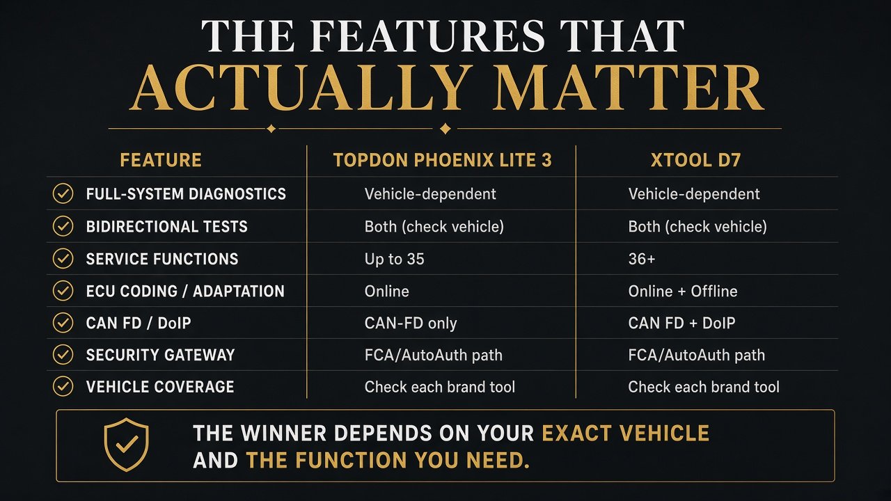 Graphic comparing diagnostic features of Phoenix Lite 3 and XTOOL D7