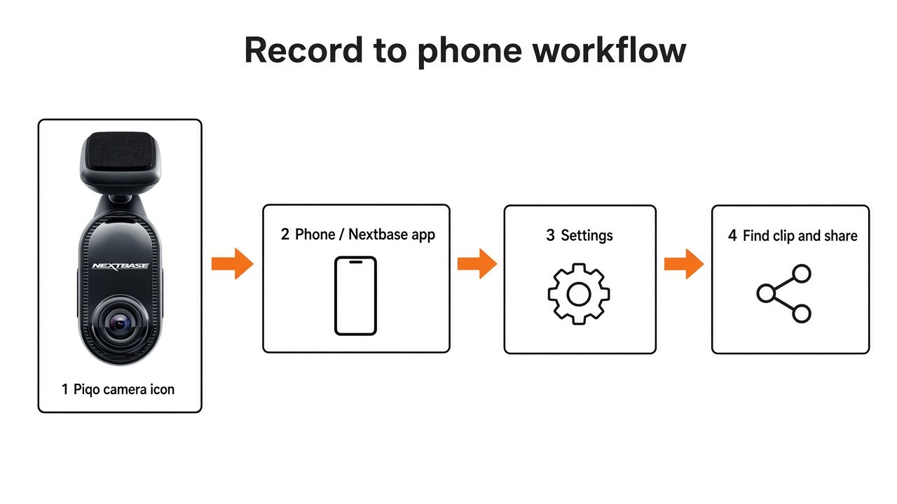 Educational workflow from Nextbase Piqo camera to phone app, settings, and clip sharing