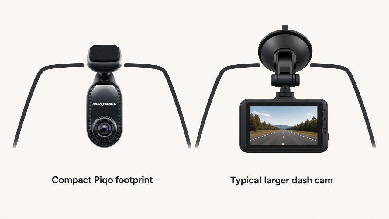 Comparison of Nextbase Piqo windshield footprint versus a larger traditional dash cam