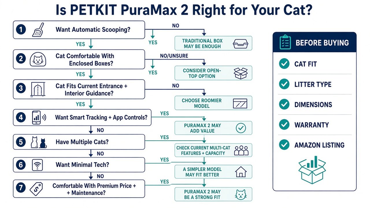 Is PETKIT PuraMax 2 right for your cat decision infographic covering enclosed comfort, fit, app needs, and Amazon listing