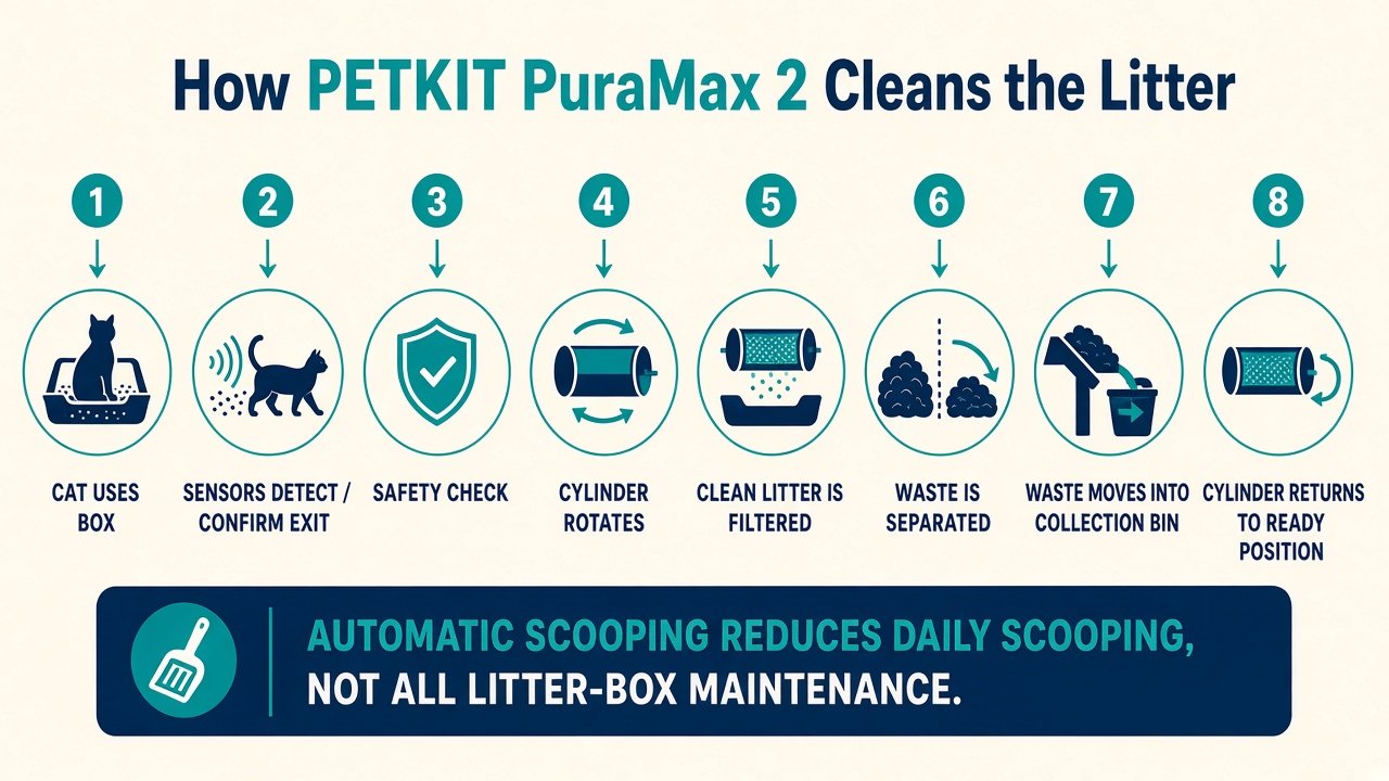 How PETKIT PuraMax 2 cleans the litter from cat use through cylinder rotation to the waste bin