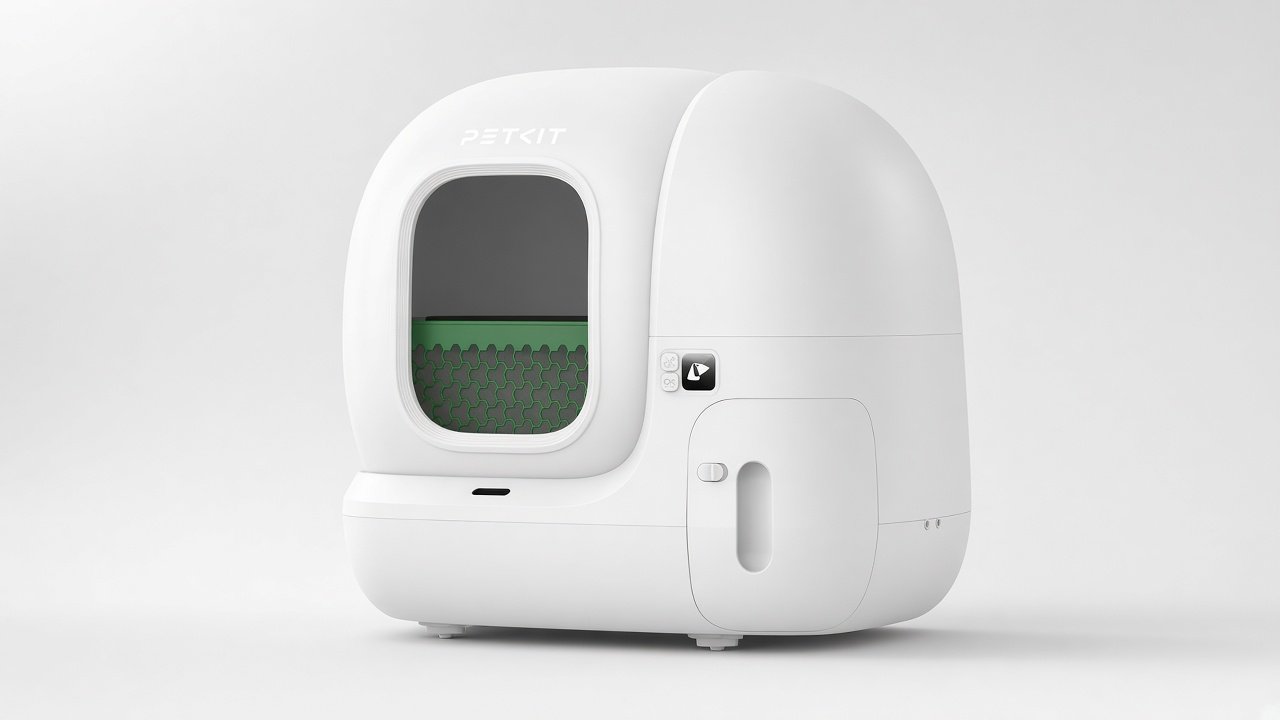 White PETKIT PuraMax 2 enclosed cylinder litter box showing entrance, green sifter, OK controls, and waste-bin latch