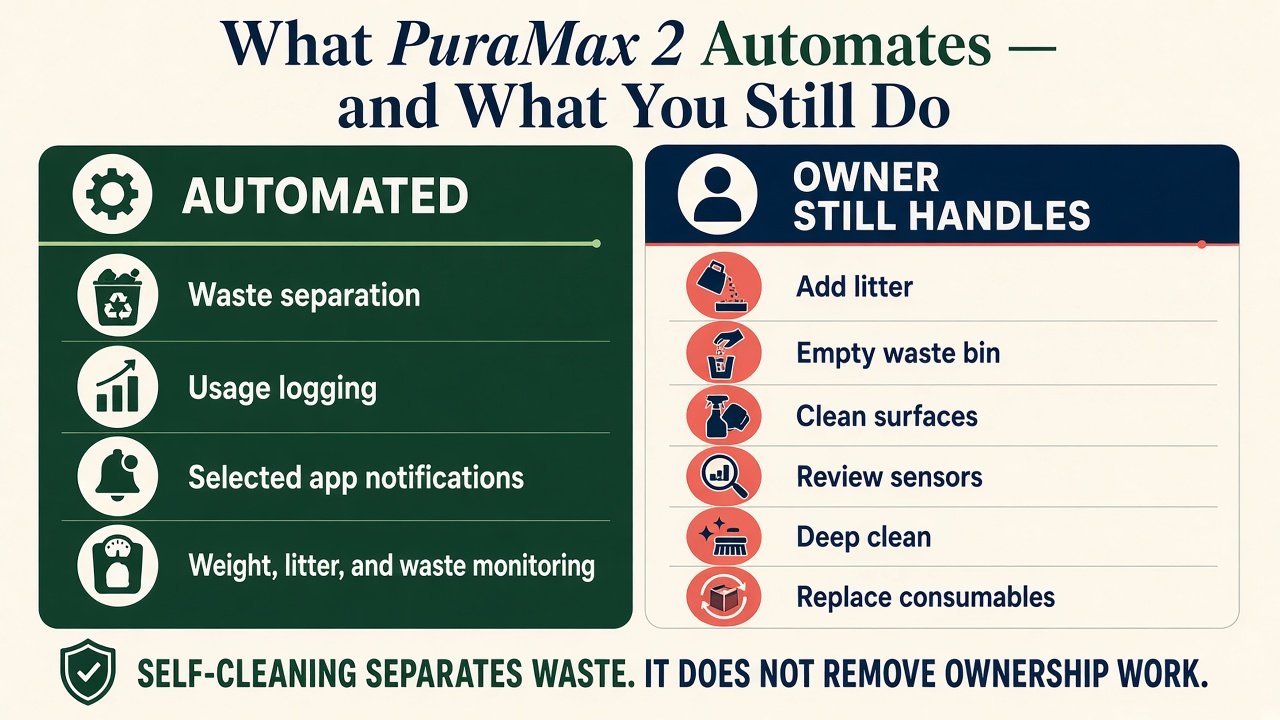 What PuraMax 2 automates versus owner tasks such as emptying the bin, adding litter, and deep cleaning
