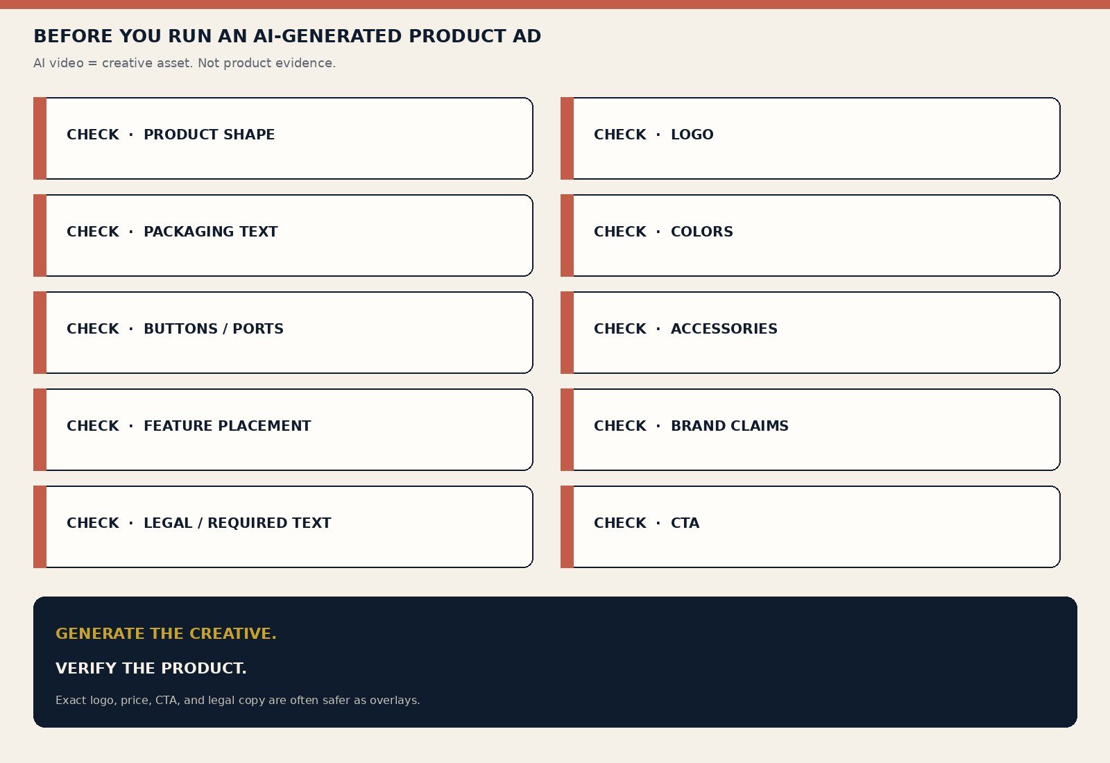 Checklist of product shape, logo, packaging text, colors, claims, and CTA before running an AI-generated product ad