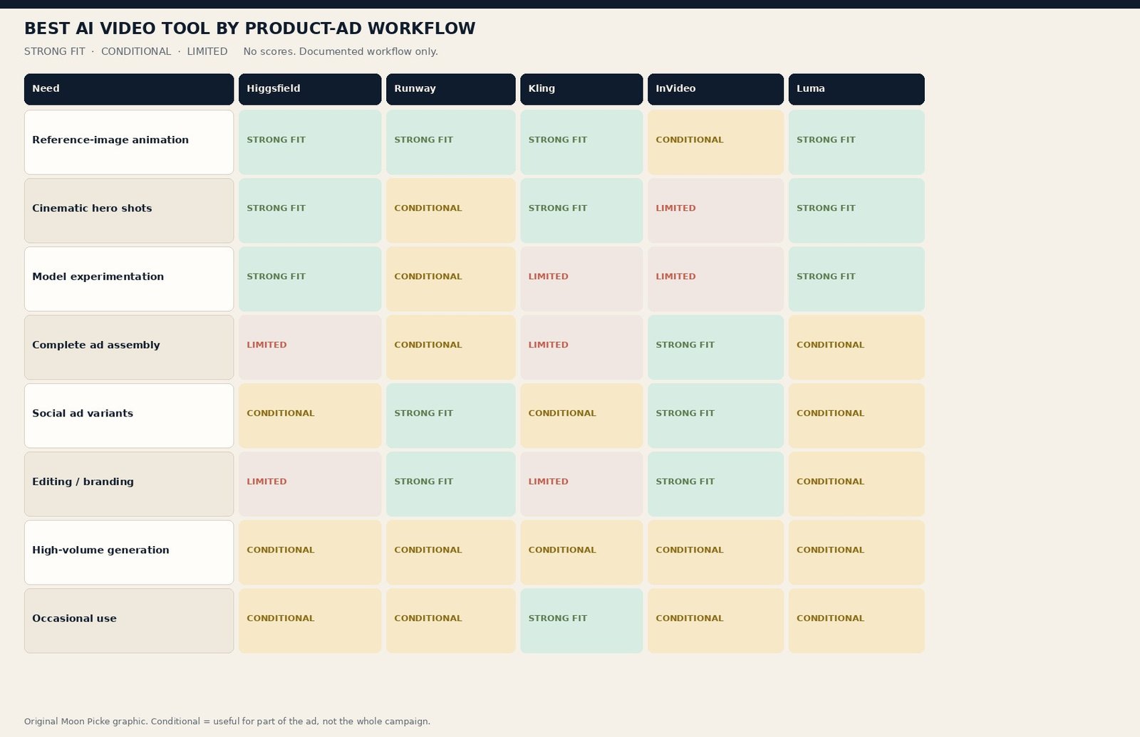 Best AI video tool by product-ad workflow using strong, conditional, and limited fit