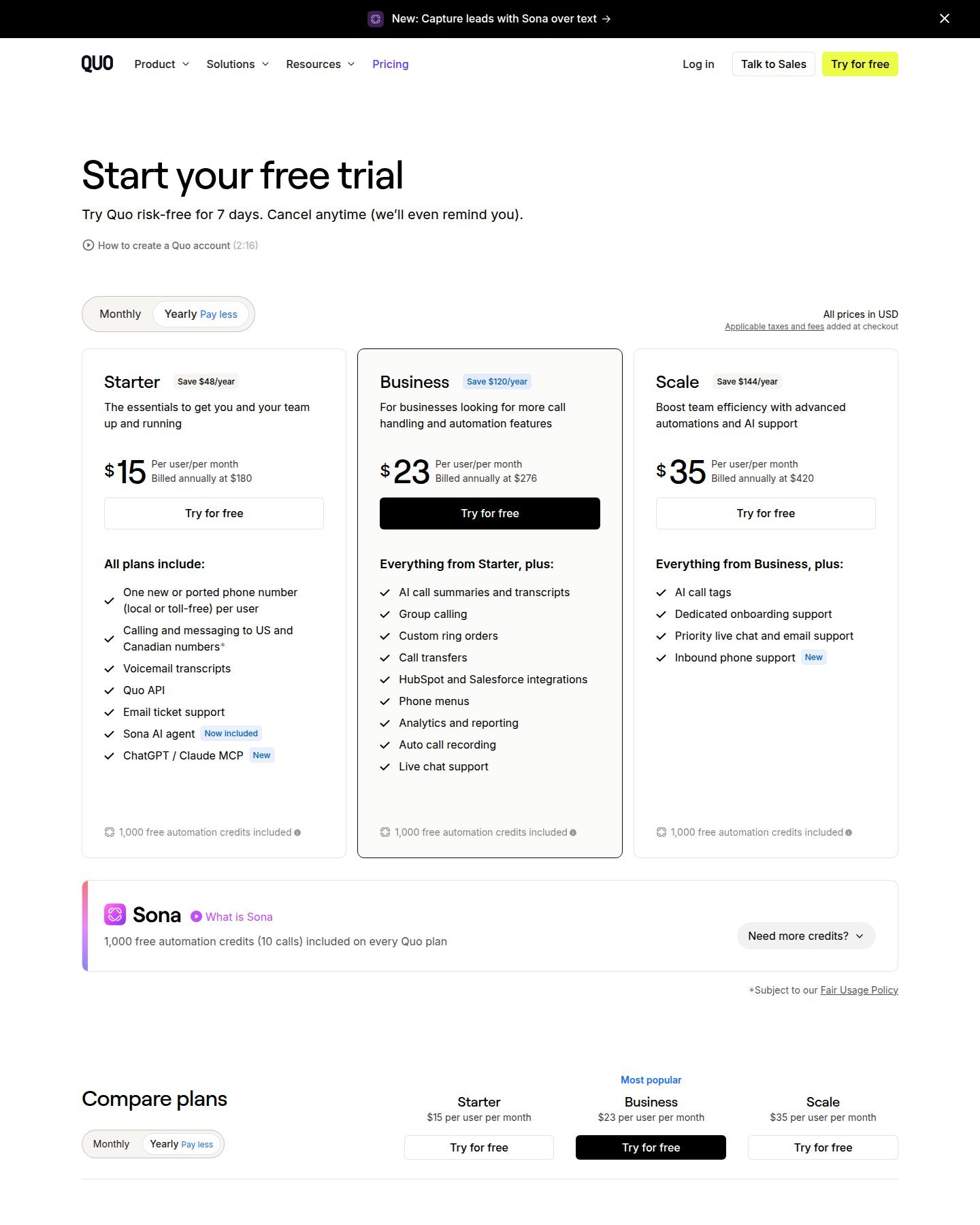 Quo formerly OpenPhone official pricing with Sona