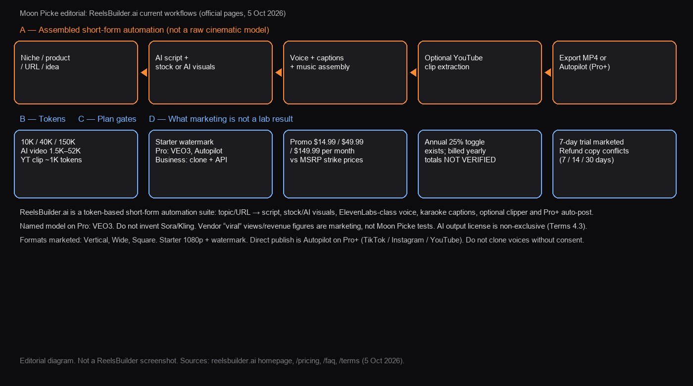 Moon Picke editorial diagram of ReelsBuilder topic to video, tokens, and plan gates