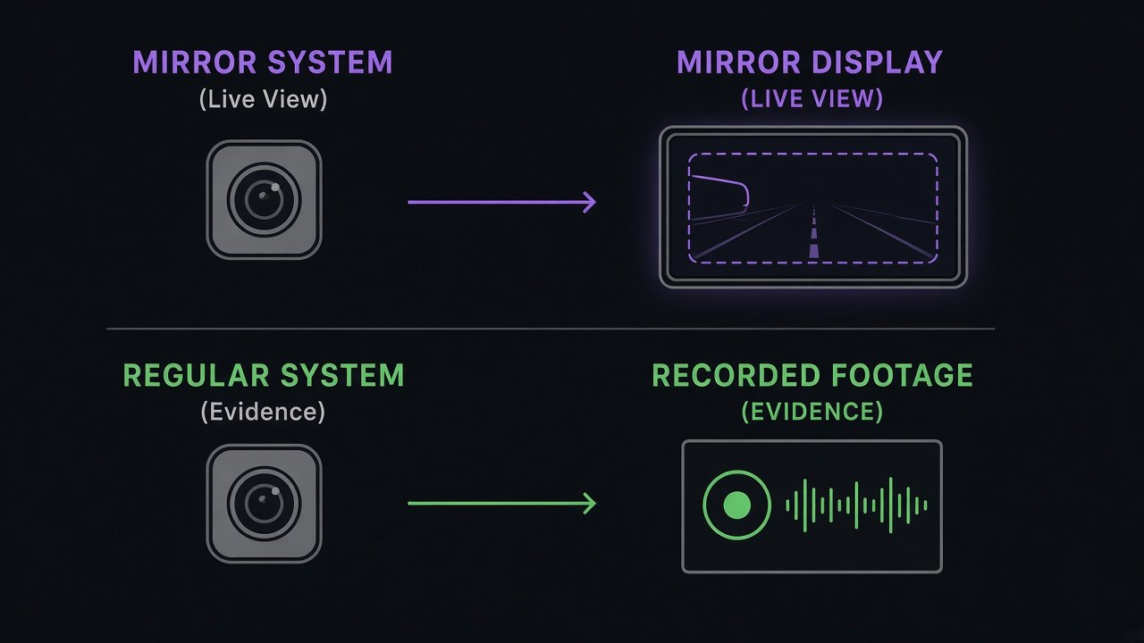 Diagram of a rear camera feeding a live mirror display versus a rear camera used mainly for recorded footage
