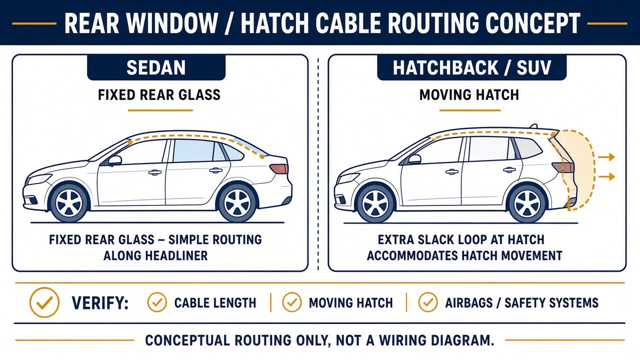 Sedan versus hatchback SUV rear camera cable routing concepts