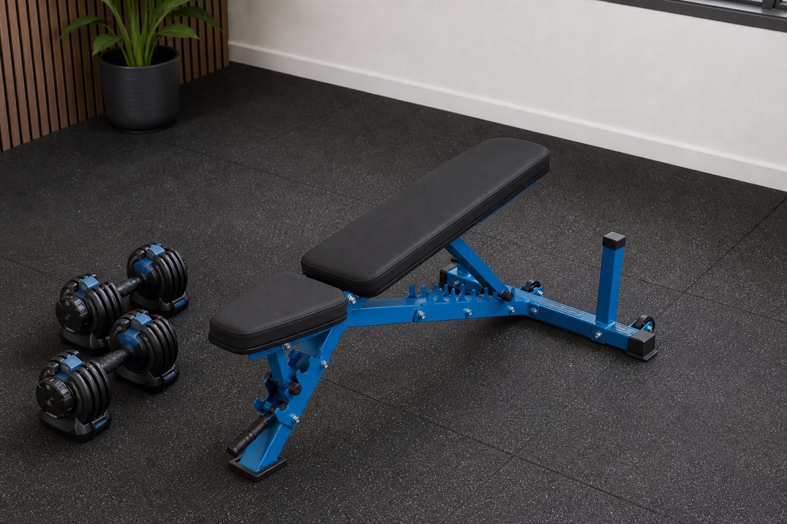 REP AB-3100 bench with adjustable dumbbells and surrounding home-gym training clearance