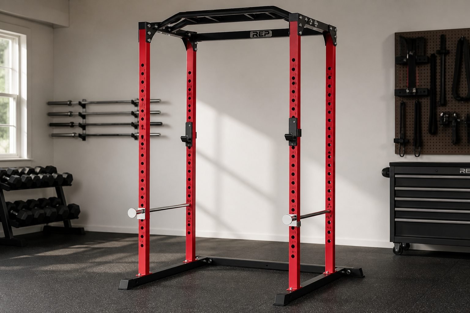 REP PR-1100 red four-post power rack in a premium home gym