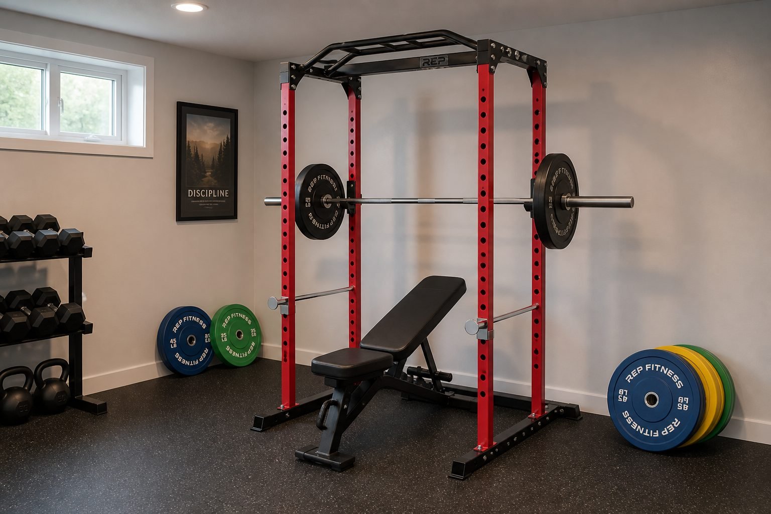 REP PR-1100 power rack with barbell, bench, and surrounding home-gym training clearance