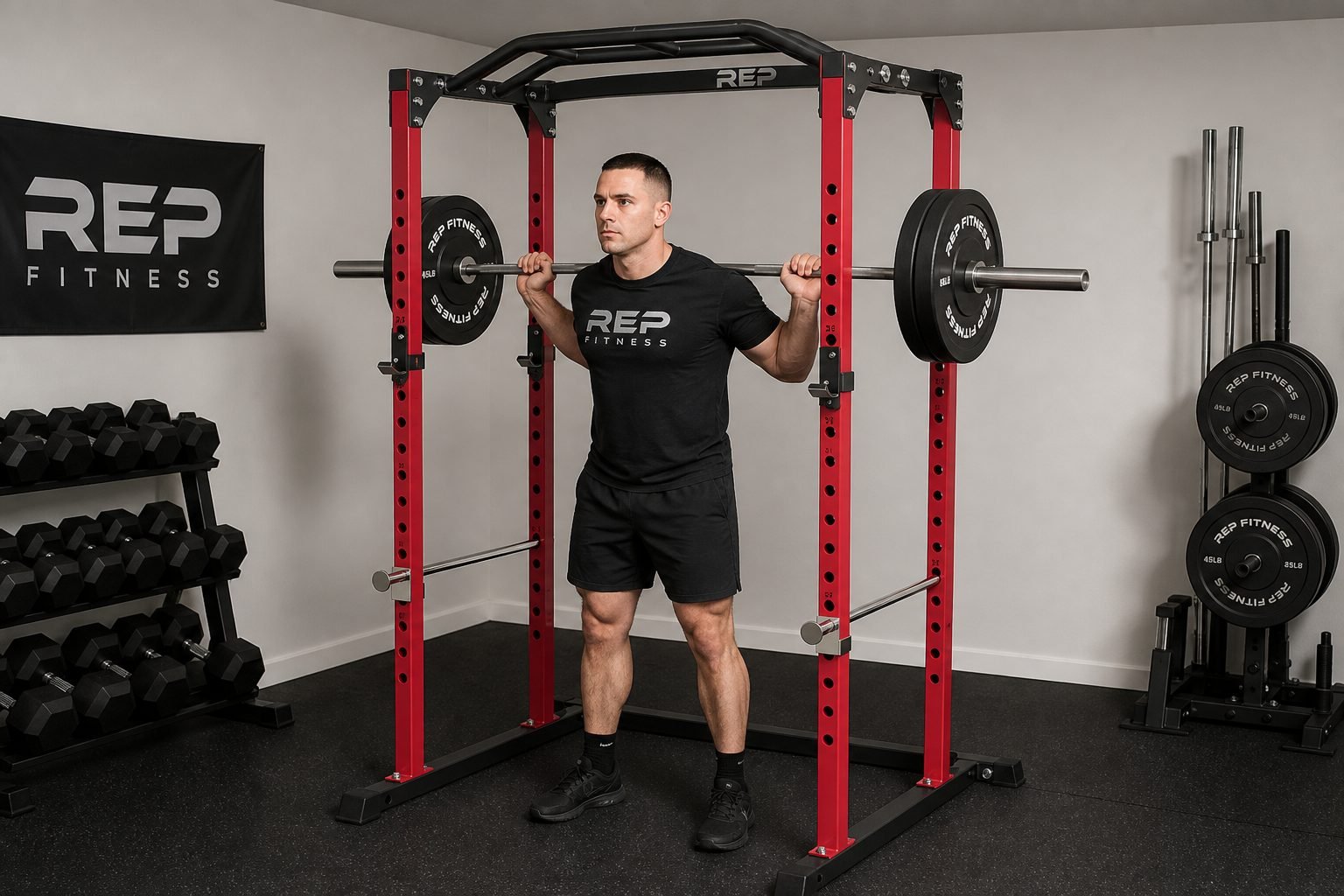 Controlled barbell squat setup inside a REP PR-1100 red power rack