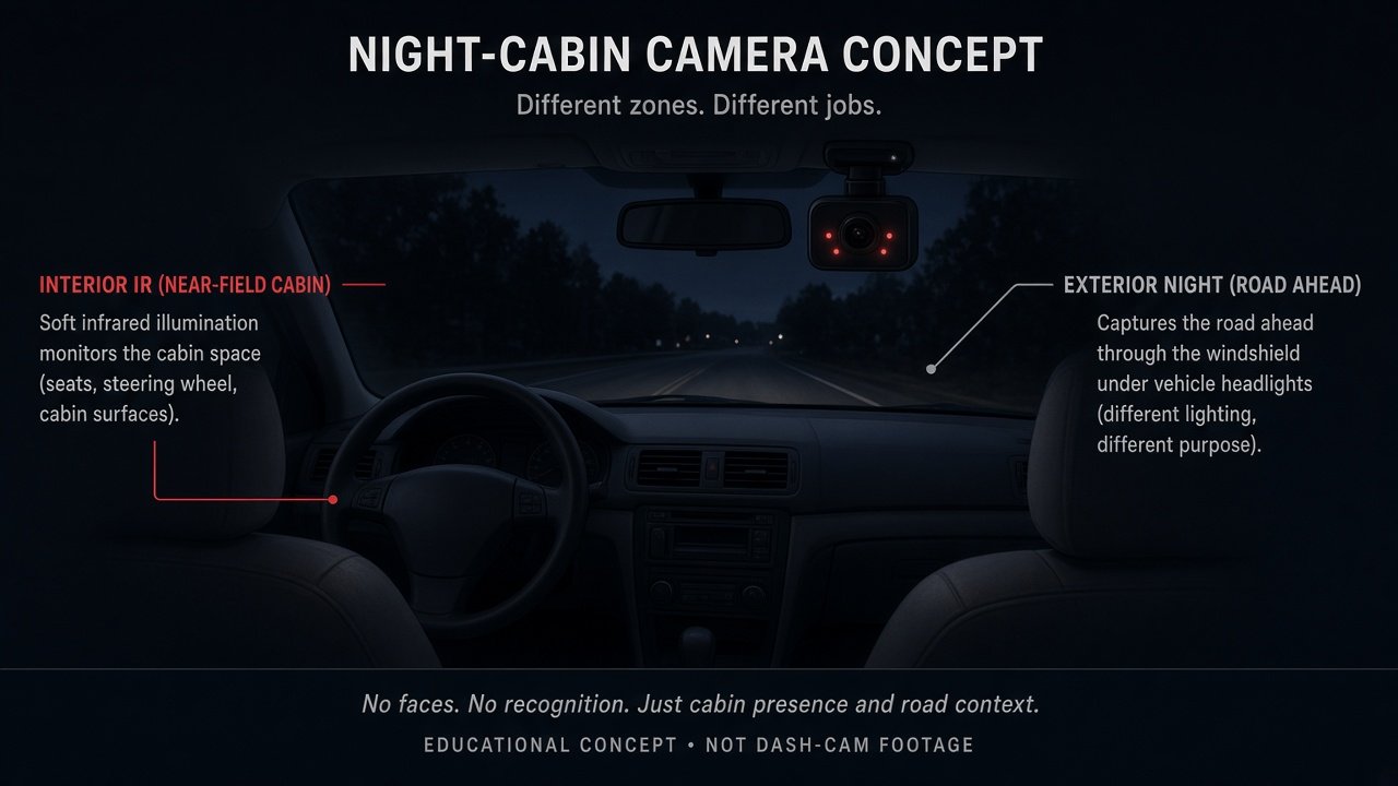 Concept of infrared cabin dash cam lighting versus exterior night road recording